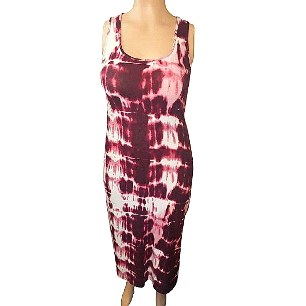 Wine/White Sleeveless Bodycon Racerback Maxi Dress L